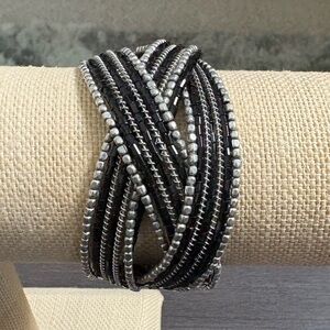 Seed Bead Braided Cuff Bracelet Wire Silver and Black